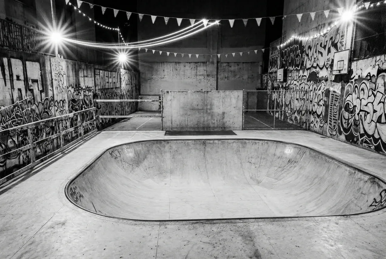 The empty yard at night: a skate bowl between graffiti walls under string lights